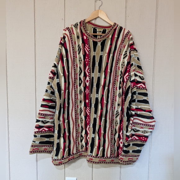 Vintage 3D Rope Knit Sweater Hip Hop 90s Red Tan Black Biggie
